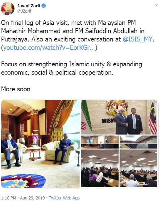 روایت توئیتری ظریف از سفرش به مالزی