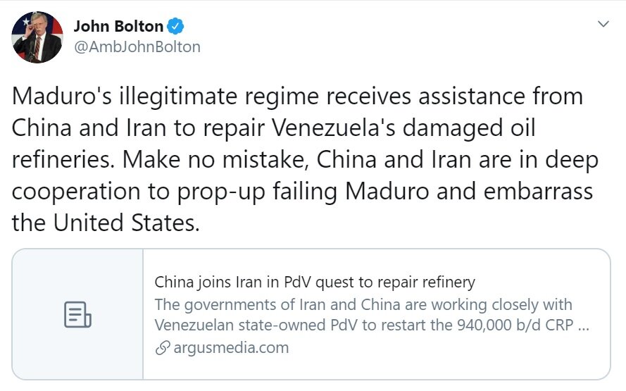 بولتون: ایران و چین برای شرمساری آمریکا در حال همکاری هستند